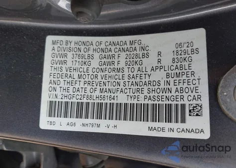 2020 Honda Civic Sport z USA, uszkodzony, nr VIN 2HGFC2F88LH561641